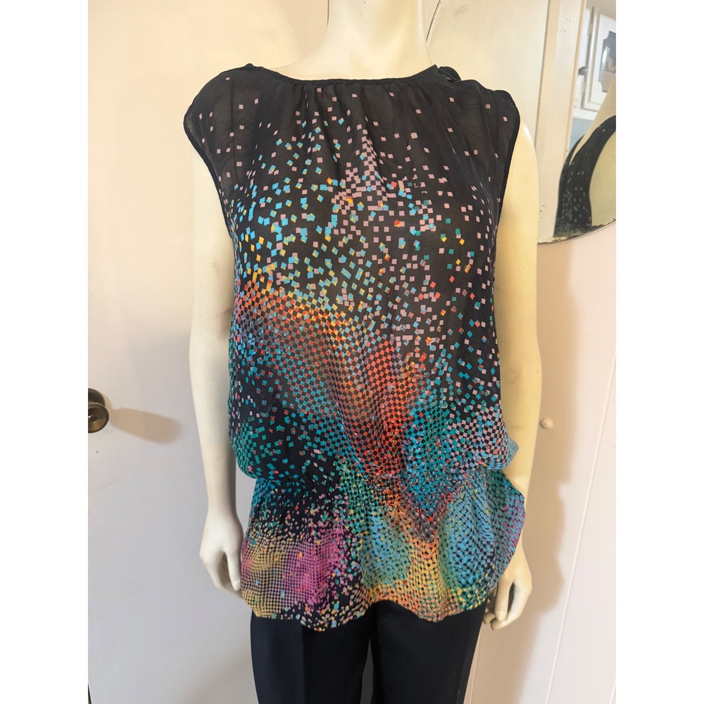 Flounce Optical Illusion Micro Dot Artsy Sheer Silk Peplum Sleeveless Top ML